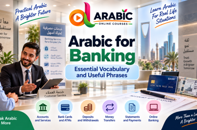 Arabic banking vocabulary, bank accounts, transfers, and ATM phrases